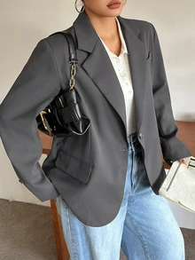 Dazy Plus Solid Color Casual Fun Commute Loose Pocket Blazer Jacket Spring Autumn New Style - Grey - View 4