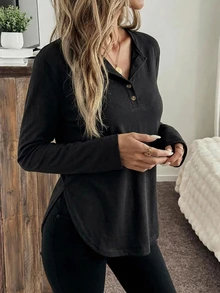 Easowa Pure Black Solid Color Cotton Button Front Long Sleeve T-Shirt Women's Top, - Black - View 4