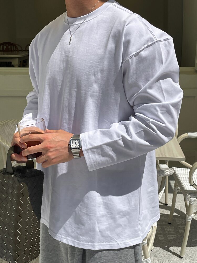 DAZY White Men's Crew Neck Long Sleeve Casual Versatile T-Shirt - White - View 4
