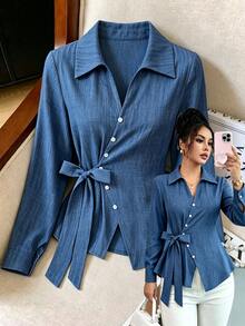 SHEIN Tall Women's Polka Dot Blouse With Lapel Collar, Asymmetric Button Design, Cinched Waist Tie, Flattering Slimming Fit, Asymmetrical Hem, Long Sleeve, Elegant French Casual Style - Dusty Blue - View 3