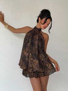 Aloruh Women's Elegant Pale Yellow Halter Neck Tie Mini Dress - Brown - View 3