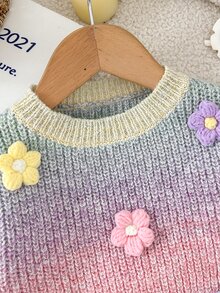 SHEIN 女嬰可愛3D花朵漸層彩色套頭毛衣，適合秋冬穿著 - 彩色 - 查看 3