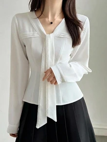 DAZY 女款純色長袖鈕扣式修身前綁帶襯衫 - 白色 - 查看 4