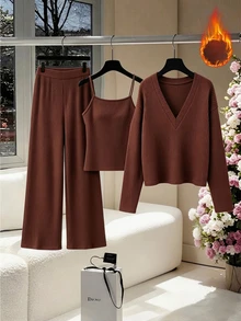 SHEINBlues Women's Deep V-Neck Pullover Top And Camisole Tank Top With Long Pants Set - Chocolate Brown - View 5