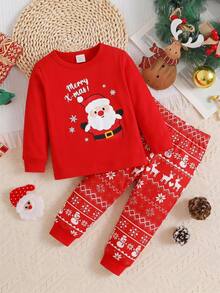 SHEIN Cute & Comfortable Christmas Print Pattern Fitted Pajama Set For Baby Boys - Multicolor - View 2