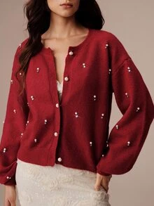 BELROSIE Fall Dark Red Solid Color Round Neck Lantern Sleeve 3D Pearl Embellished Cardigan With Pearl Buttons Women's Elegant Romantic Party Dinner Night - Burgundy - View 7