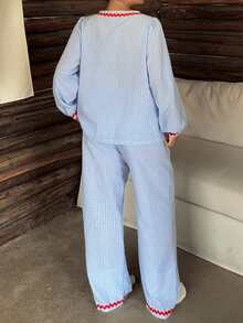 Dazy Plus Contrast Trim Cardigan Long Sleeve Top & Straight Leg Long Pajama Pants 2pcs Set Sleepwear Outfit - Baby Blue - View 2