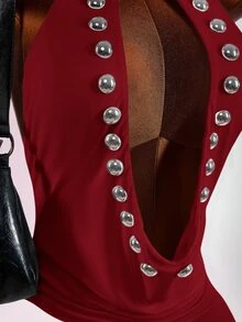 Amplova Women's Street Style Rivet Open Back Sexy Jumpsuit - Burgundy - View 7
