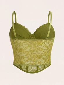 SHEIN ICON 黑色束腰式蕾絲細肩帶背心上衣 - 橄欖綠 - 查看 8