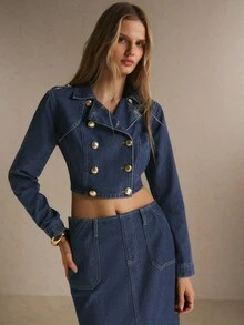 Poéselle Women's Cropped Double Breasted Denim Jacket With Gold Buttons And Notched Lapel, Elegant - Dark Wash - View 3