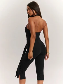 SHEIN BAE Women's Solid Color Casual Daily Wear Halter Neck Jumpsuit Capris - Black - View 7