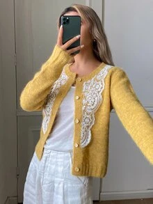 Livesso Kardigan Wanita Kasual Serbaguna untuk Pemakaian Harian dengan Patchwork Renda - Kuning - View 3