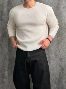 DAZY 春秋款純色杏色羅紋無縫設計韓系男士基礎層T恤 - 杏色 - 查看 4
