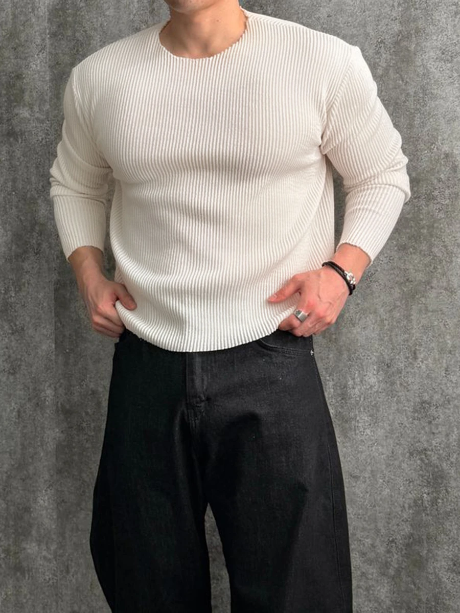 DAZY Camiseta de hombre estilo coreano, capa base de diseño sin costuras acanalado color albaricoque sólido para primavera/otoño - Albaricoque - Ver 1