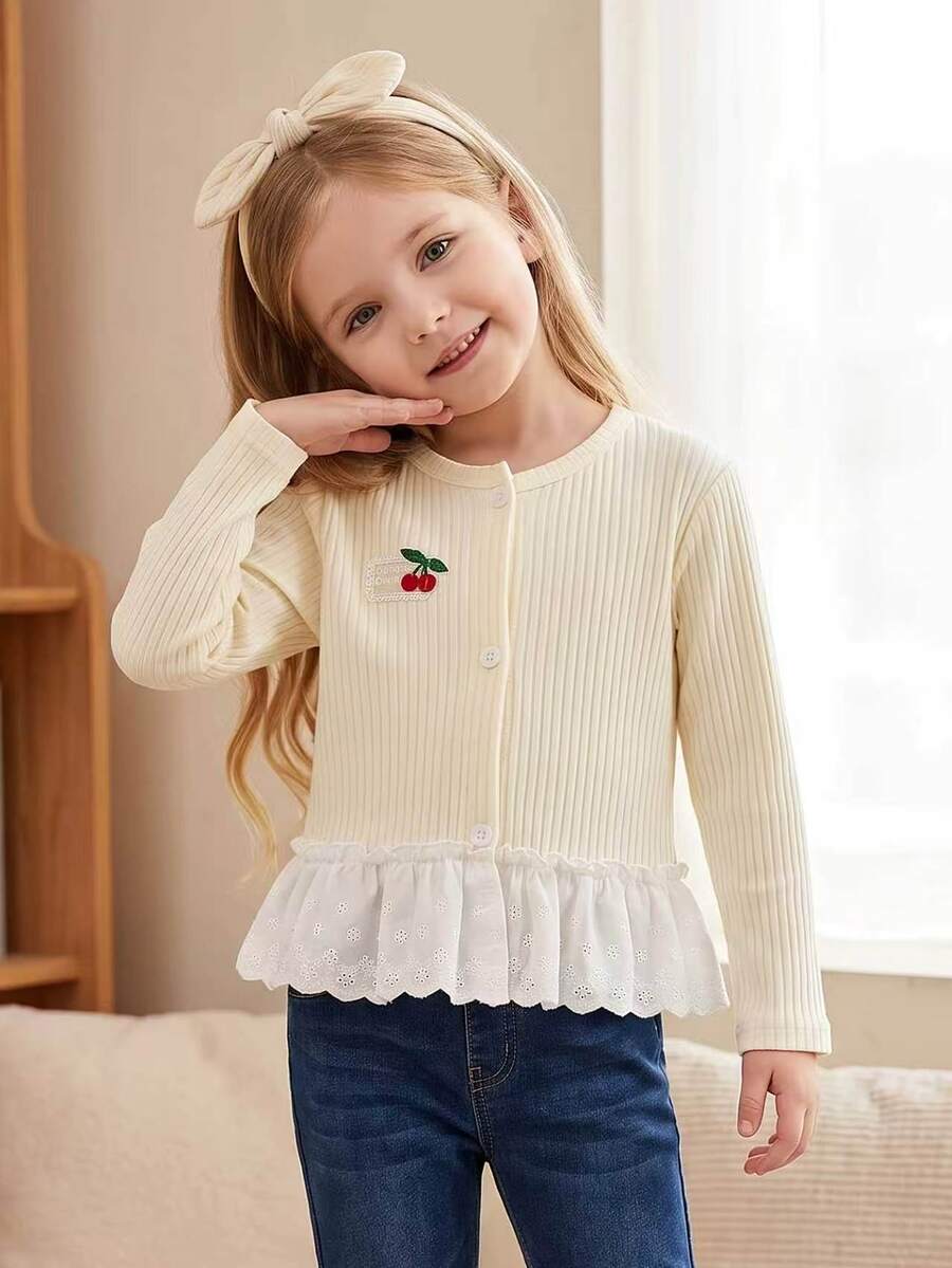 DAZY Girls Autumn Cherry 3D Decor Sweet Apricot Lace Knit Cardigan Long Sleeve Undershirt - Apricot - View 1