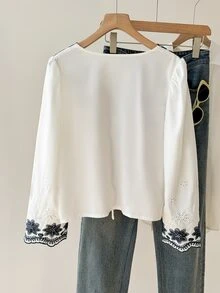 Muvela Women's Elegant Hollow Floral Design Blouse - Blue and White - View 2