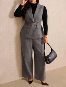 Elaquor Plus Size Women's Lapel Sleeveless Vest And Long Pants Suit 2 Pieces Set - Grey - View 6