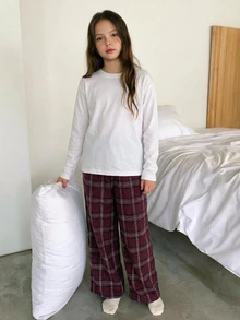 Dazy Kids 長袖T恤風格格紋休閒褲 寬鬆直筒百搭長褲 適合前青春期女孩居家服 - 酒紅色 - 查看 4
