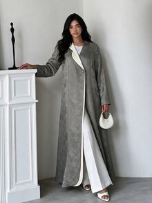 Yasmyna Women's Grey Woven Jacquard Single Lapel Contrast Color Long Sleeve Abaya - Grey - View 9