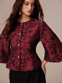 BELROSIE 女款前開鈕扣燈籠袖修身西裝外套，酒紅色，適合聖誕晚餐、職場、秋季，優雅風格 - 彩色 - 查看 5
