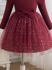 SHEIN Elladie kids Young Girl Young Girl) 珍珠網紗針織長袖上衣，方領設計，腰部飾有珍珠飾邊與大尺寸 3D 蝴蝶結，裙襬附 - 紅色 - 查看 7