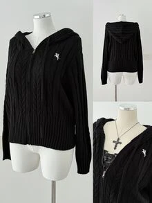 Sunspun Plus Size Women's Casual Daily Outing Hooded Cardigan With Equestrian Pattern Winter - Black - View 6