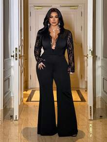 NU&NOW Plus Size Women's Lace Patchwork Bell Sleeve Jumpsuit With Deep V Lace Neckline, Suitable For Casual, Party, Evening, And Other Occasions To Showcase Charm - Black - View 3