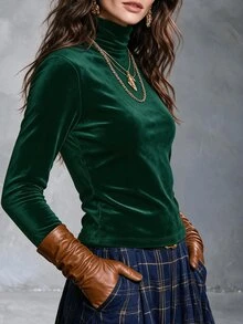 Solivie Kaos Lengan Panjang Beludru Wanita untuk Musim Gugur, Lapisan Dasar Beludru - Dark Green - View 5