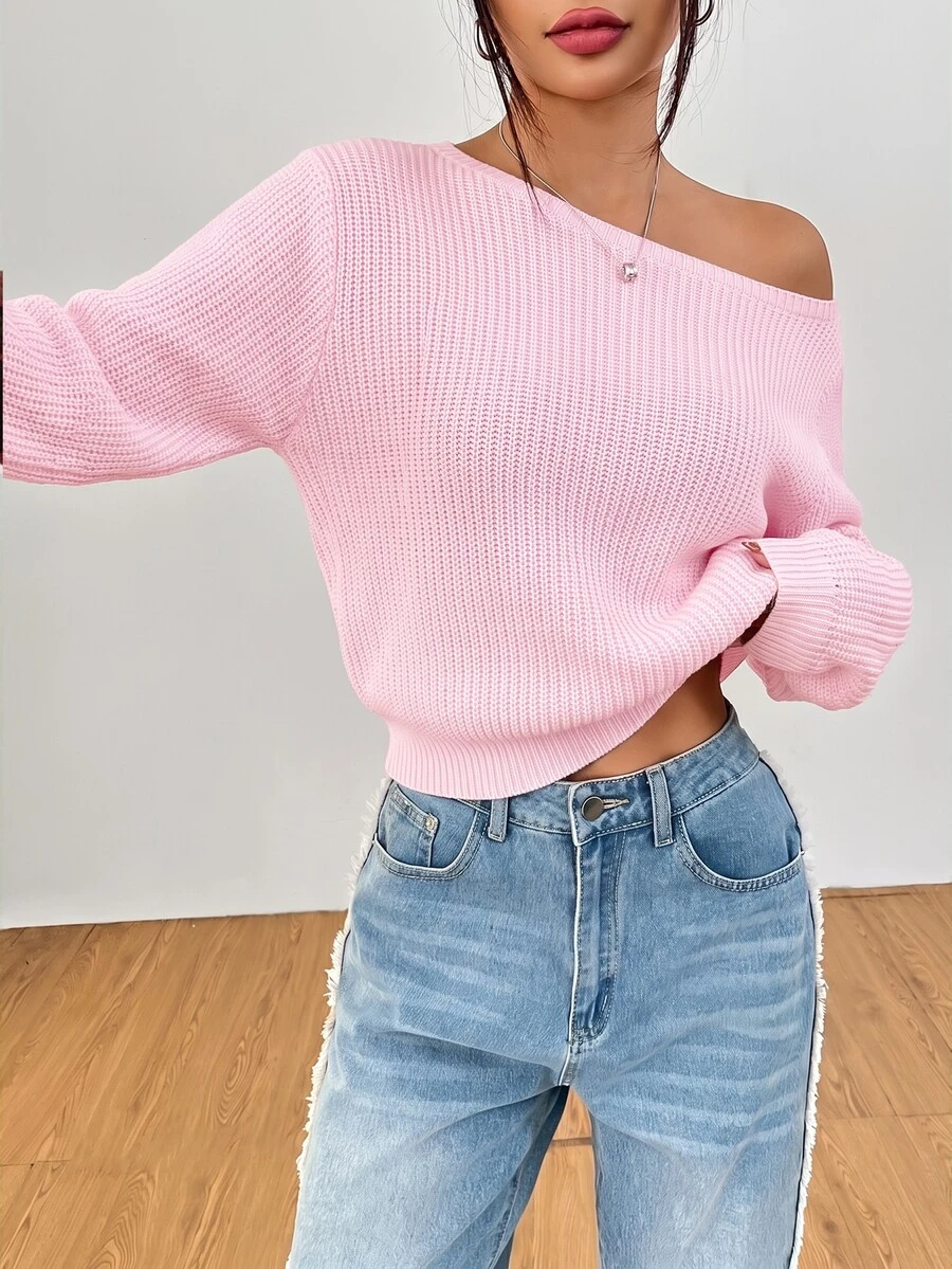 SHEIN PETITE Women's Solid Color One Shoulder Casual Daily Long Sleeve Sweater - Pink - View 1