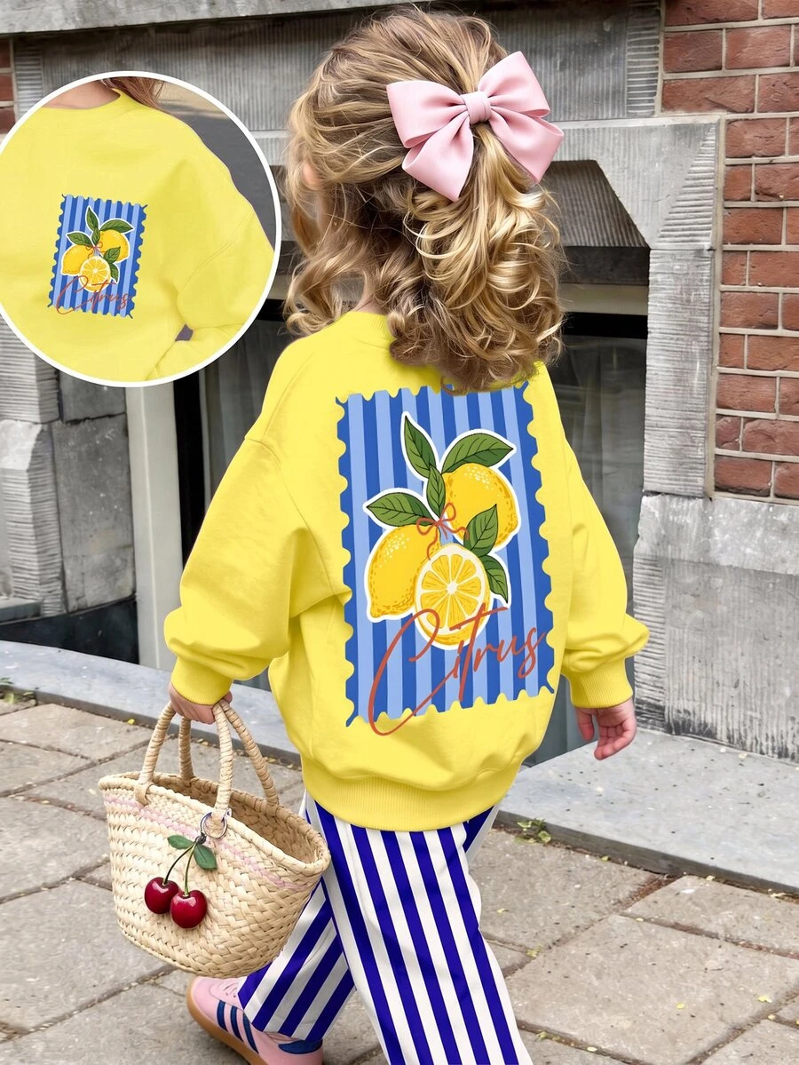 Young Girl Letter & Lemon Print Long Sleeve Sweatshirt And Pants Set - Multicolor - View 1