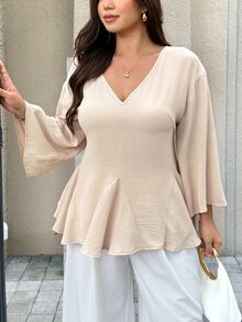 Easura Plus Size Women Gentle Minimalist Loose V-Neck Blouse, Flared Umbrella Hem Design, Commute & Home Wear Plus Size Shirt - Apricot - View 7