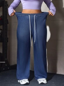 Flexra Old Money Plus Size Women's Blue Stretch Denim Banana Leg Pants With Elastic Waistband And Drawstring - Dark Wash - View 6