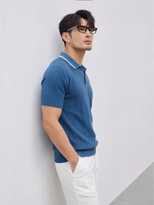 Manfinity Homme 男士極簡風半開襟鈕扣短袖羅紋針織上衣 - 藍色 - 查看 3