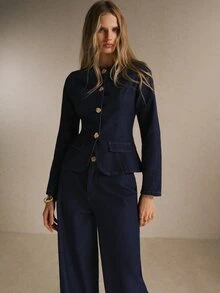 SHEIN BAE 女款修身牛仔西裝外套與長褲套裝，鈕扣前襟、翻蓋口袋，優雅通勤辦公風 - 深色水洗藍 - 查看 3