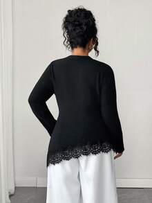 Elenzga Áo len chui đầu ôm dáng cổ tròn màu đen, tay dài, gấu không đối xứng, phối ren, xẻ tà, tôn dáng - màu đen - Xem 2