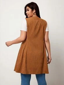 Truni Plus Size Women's Western Style Casual Corduroy Vest Long Coat Pear Body,Triangle Body Fall - Brown - View 2