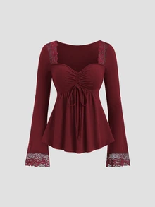 Sweetra Y2K Sexy Patchwork Versatile Commute Loose Long Sleeve T-Shirt Autumn - Burgundy - View 1