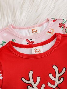 Cozy Pixies 嬰兒/幼兒可愛舒適新年聖誕馴鹿卡通雪人聖誕樹聖誕老人圖案長袖上衣 + 長褲貼身居家服2件套（4件裝） - 彩色 - 查看 5