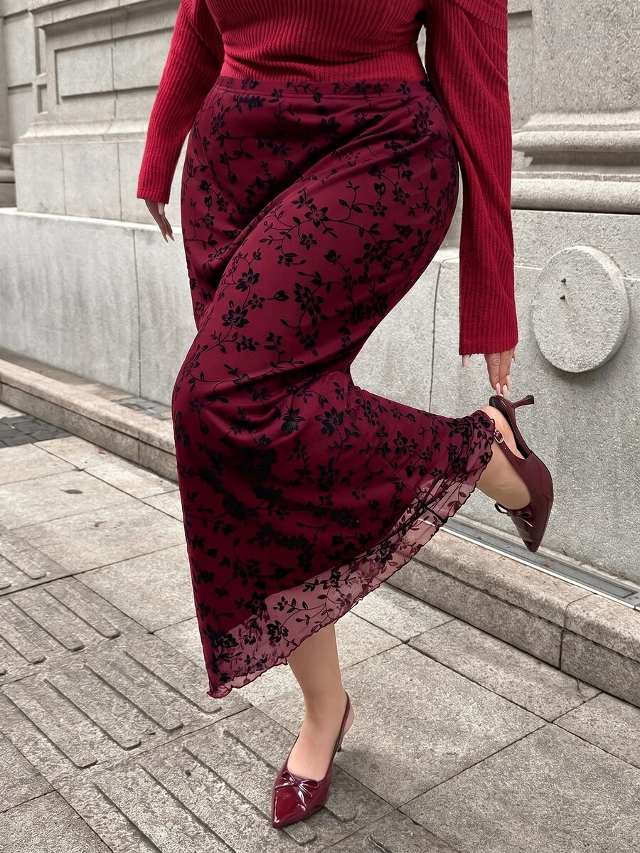 SHEIN EZwear 大尺碼女款酒紅色花卉印花優雅長裙 秋季 - 酒紅色 - 查看 1