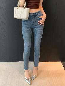DAZY Fall Korean Style High Waist Blue Washed Distressed Slim Fit Pencil Cropped Jeans For Women Everyday Work Casual - Blue - View 6
