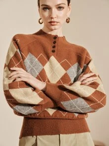 Arave Sweater Rajut Wanita Longgar Raglan Bahu Jatuh Bergaris Setengah Leher Tinggi Kancing Kontras Vintage Preppy Cokelat Beige Abu-abu Argyle Pakaian Musim Gugur Thanksgiving - MultiWarna - View 1