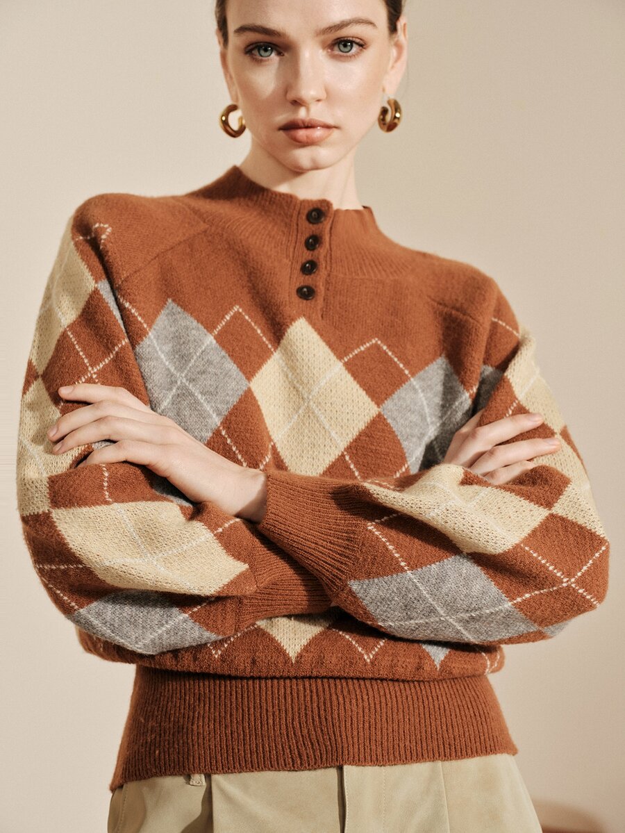 Arave Sweater Rajut Wanita Longgar Raglan Bahu Jatuh Bergaris Setengah Leher Tinggi Kancing Kontras Vintage Preppy Cokelat Beige Abu-abu Argyle Pakaian Musim Gugur Thanksgiving - MultiWarna - View 1