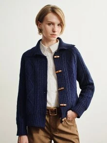 Briarwyn Autumn/Winter New Long Sleeve Turn-Down Collar Horseshoe Button Cardigan Sweater, Versatile Commuter Style, Youthful - Navy Blue - View 7