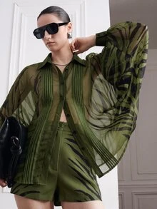 Aveloria Modichic Summer Runway Black & White Contrast Tiger Zebra Animal Print Positioned Chiffon Loose Slightly Sheer Collared Pleated Design Women Long Sleeve Blouse Elegant Sophisticated Modern Sexy Old Money Quiet Luxury Vacation Casual Versatile - Olive Green - View 1