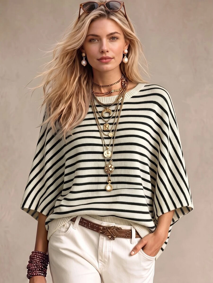 SHEIN Casual Loose Round Neck Three-Quarter Sleeve Knit Contrast Color Striped Batwing Sleeve Design Black & White Women Spring Autumn Sweater - Black and White - View 1