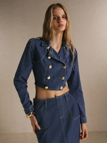 Poéselle Women's Cropped Double Breasted Denim Jacket With Gold Buttons And Notched Lapel, Elegant - Dark Wash - View 4