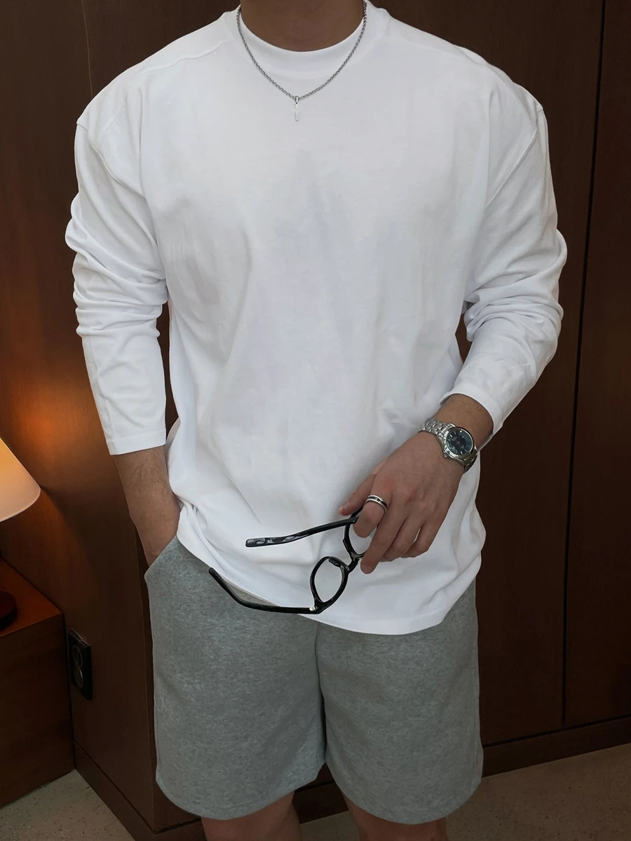 DAZY White Men's Crew Neck Long Sleeve Casual Versatile T-Shirt - White - View 1