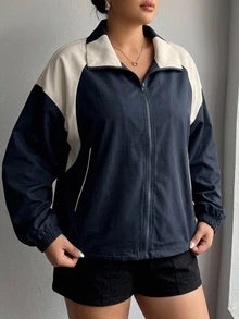 Dazy Plus Colorblock Patchwork Loose Casual Baggy Street Style Fall New Jacket Going Out Office - Navy Blue - View 3