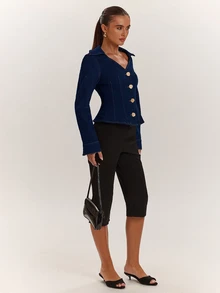 SHEIN BAE Women's Sexy V-Neck Metal Buckle Denim Jacket - Blue - View 6