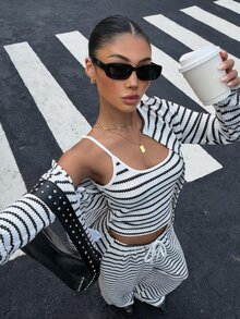 Muchica 女款休閒街頭風黑白條紋針織新中式上衣、條紋夾克與長褲兩件套，適合夏季早午餐與旅行 - 黑與白 - 查看 4